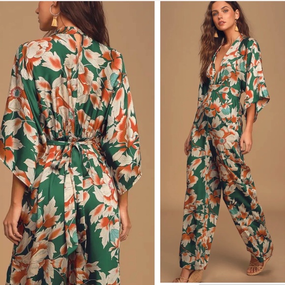 Lulus Pants - Lulus Floral Print Bell Sleeve Wide-Leg Jumpsuit